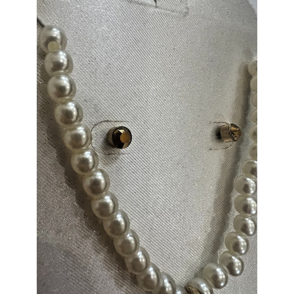 Faux Pearl Necklace & Earrings Gold Tone Pendant Vintage Inspired Bridal Classic - Picture 7 of 10